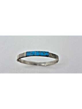 Vtg Mexico 925 Sterling Silver Turquoise Hinged Bracelet Southwestern Jewelry